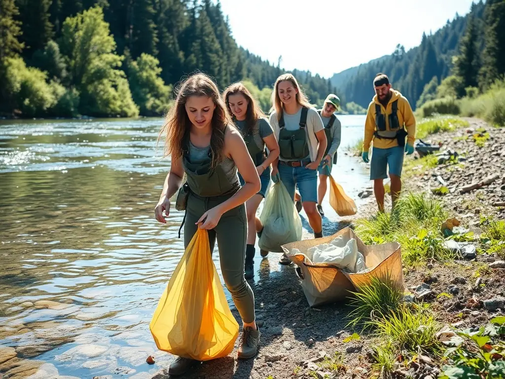 A serene image of TEAM CARNA members participating in a river clean-up activity, emphasizing their commitment to protecting aquatic environments.