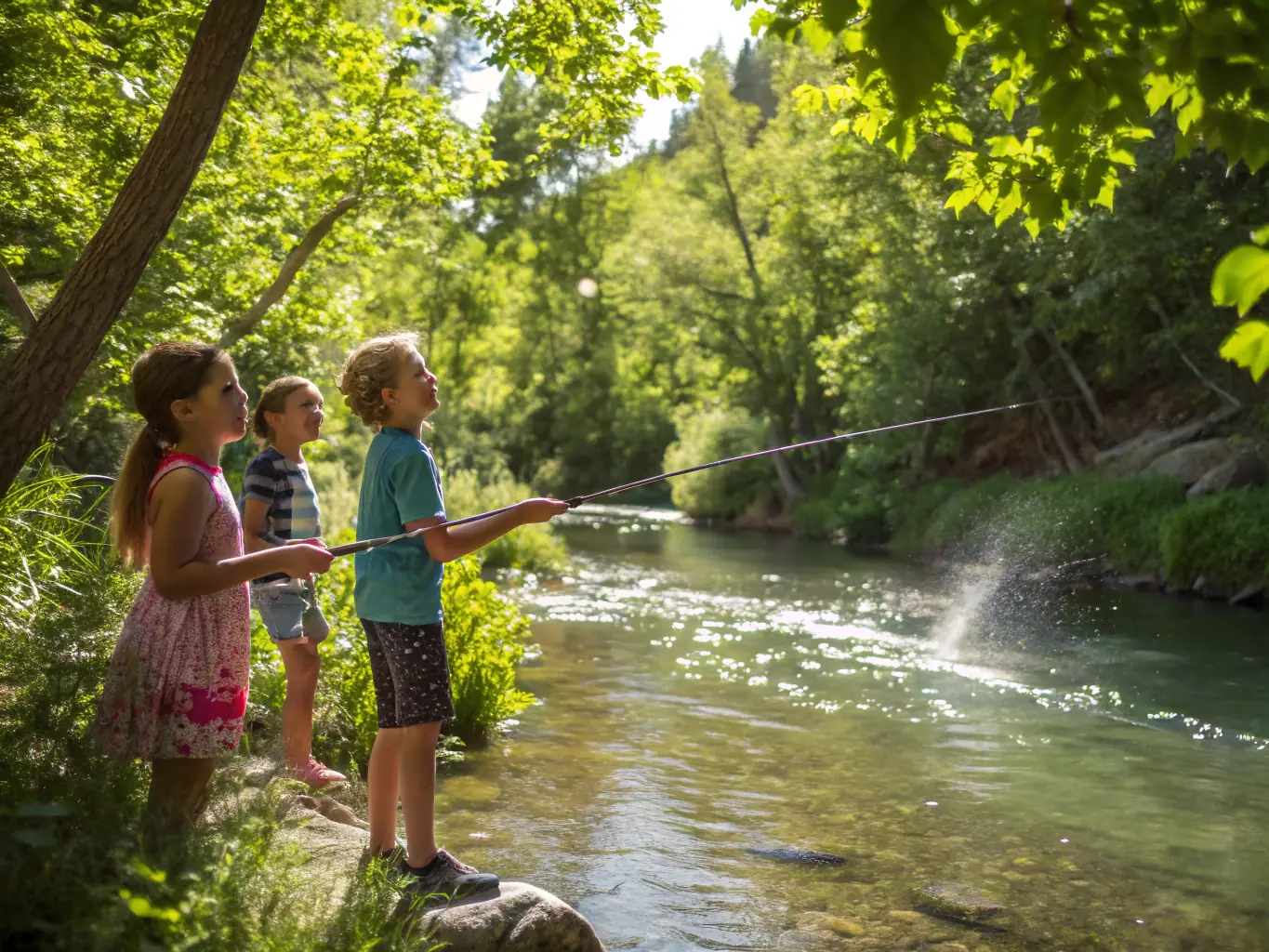 A group of children learning how to cast fishing rods at a TEAM CARNA fishing school, with instructors providing guidance and support in a sunny, outdoor setting.
