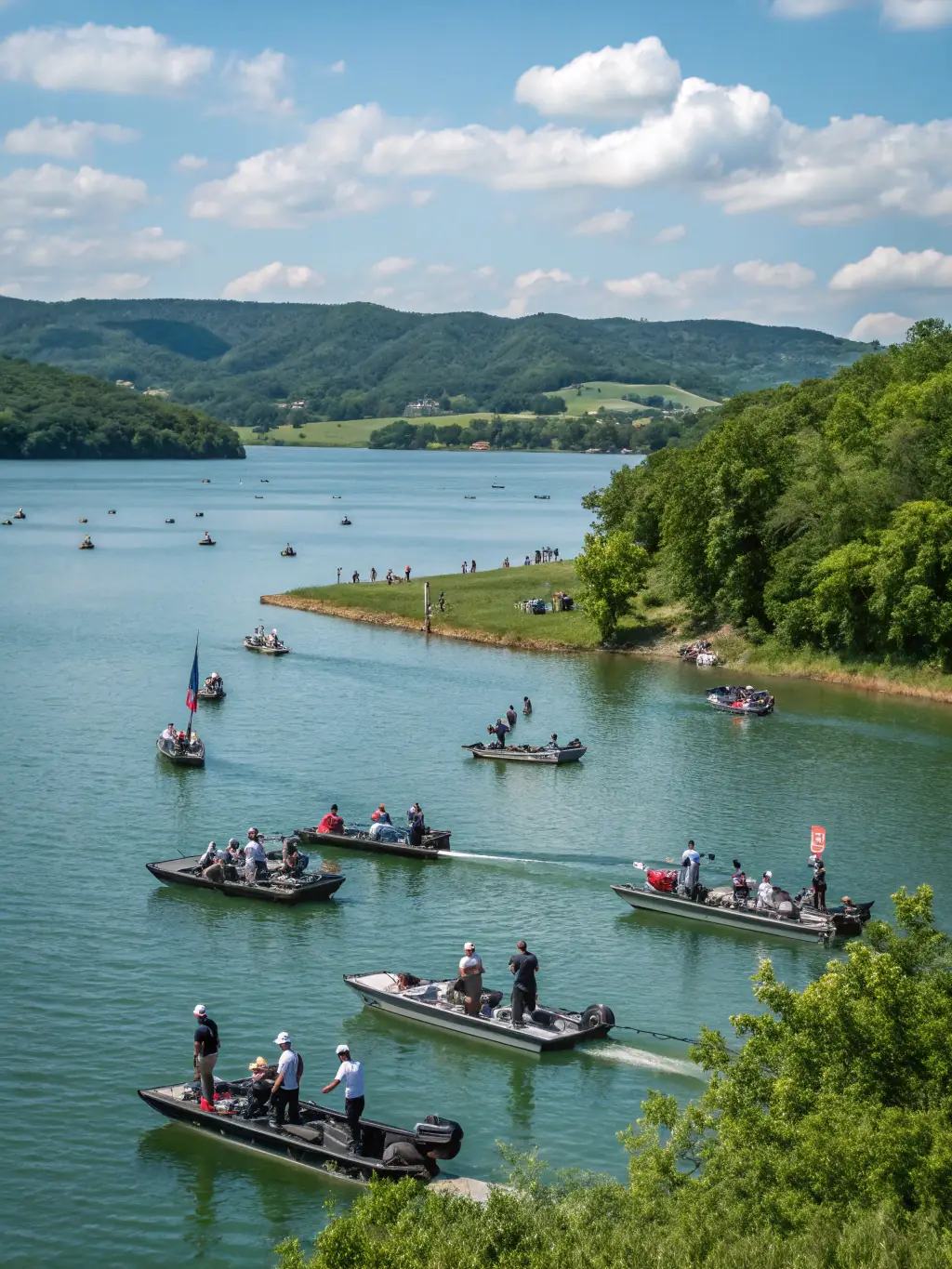 A vibrant photograph capturing the excitement of a TEAM CARNA fishing tournament, with anglers casting lines and boats dotting the water.