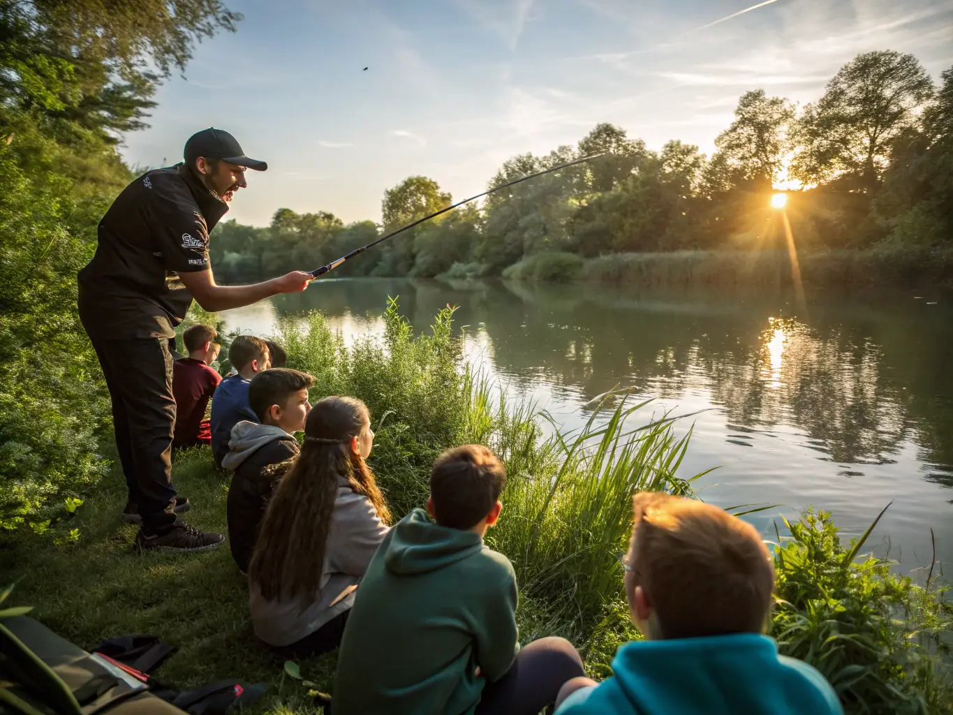 A vibrant image of a TEAM CARNA fishing school session, with participants actively learning lure techniques from experienced instructors by a picturesque lake.