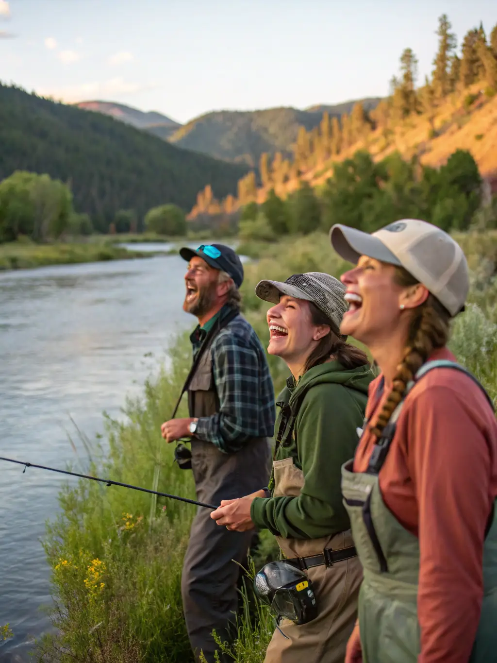 A photo of participants at a TEAM CARNA fishing event, showcasing anglers of all ages and skill levels competing in a friendly and supportive atmosphere. The event is held on a scenic riverbank.
