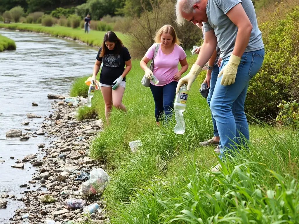 Volunteers cleaning up a riverbank, removing trash and debris, as part of TEAM CARNA's environmental protection efforts, with a focus on preserving aquatic habitats.