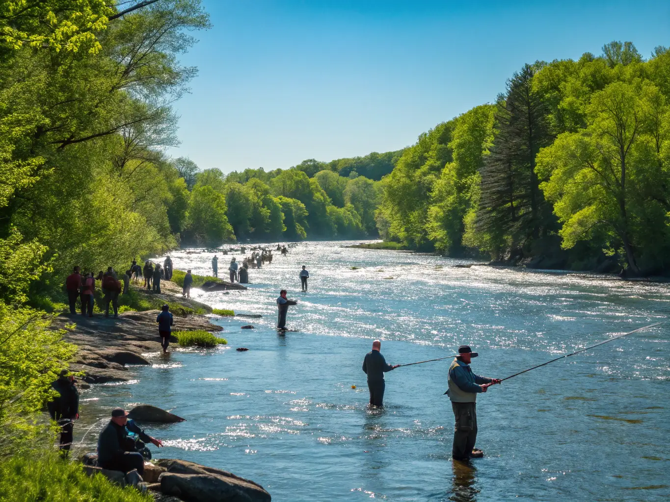 A vibrant scene from a TEAM CARNA fishing event, showcasing participants engaged in competitive fishing, surrounded by scenic waters and lush greenery.