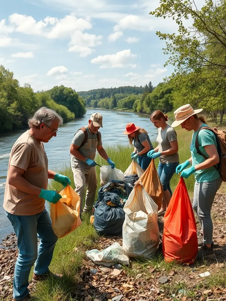 Volunteers from TEAM CARNA cleaning up a riverbank, removing trash and debris to protect the aquatic environment. The image highlights the organization's commitment to conservation.