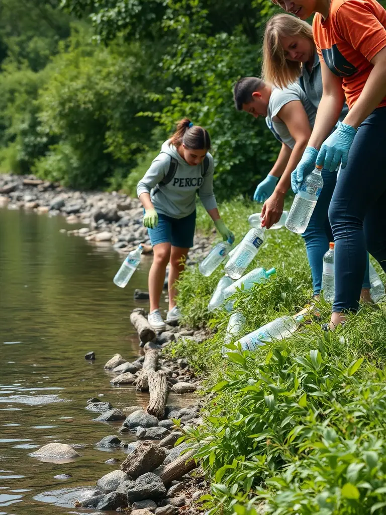 A scenic shot of a TEAM CARNA environmental cleanup event, showing volunteers collecting debris from a riverbank.